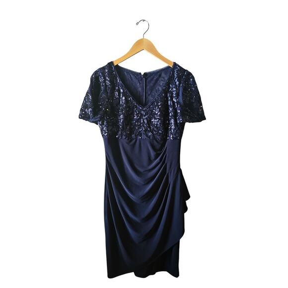 Alex Evenings sz 10 navy blue V-Neck Empire Waist Sheath Dress flutter Sleeves - Picture 5 of 6